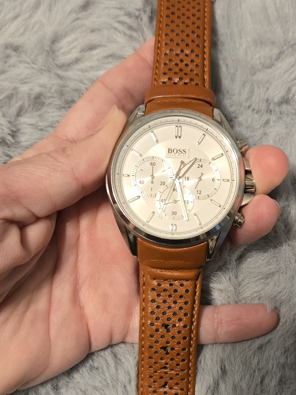 Hugo Boss Men's Champion Chronograph Watch 1513879 White Dial Brown Leather